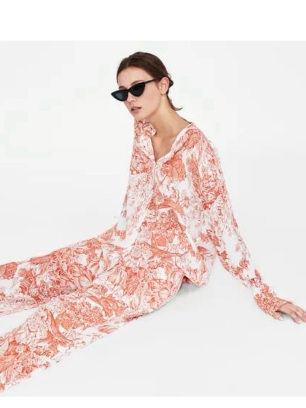 Zara Coral-Print White Button-Down Shirt